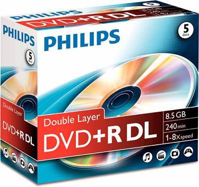 Philips Dvd+R Double Layer 8, 5Gb 8Xspeed Jewel Case 5 Stk