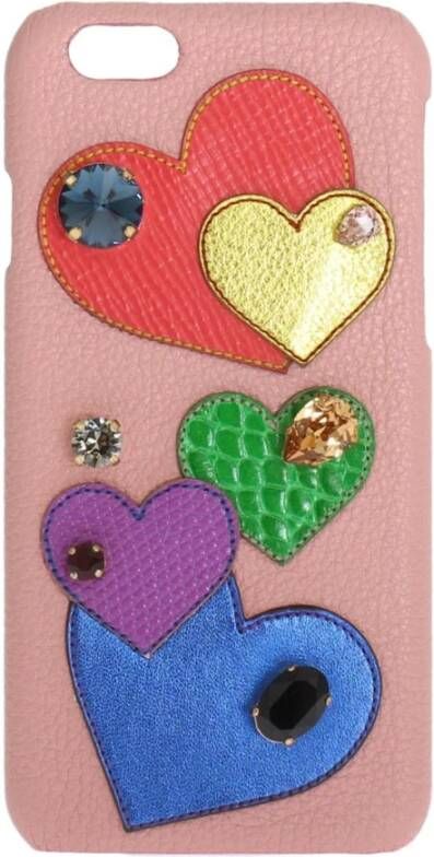 Dolce & Gabbana Pink Leather Heart Crystal Phone Case , Roze, Dames