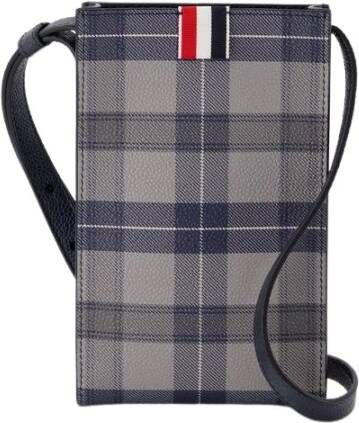 Thom Browne Crossbody telefoonhouder in tartan print op kiezel graan leer , Grijs, Heren